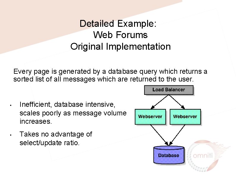 Detailed Example: Web Forums Original Implementation Every page is generated by a database query