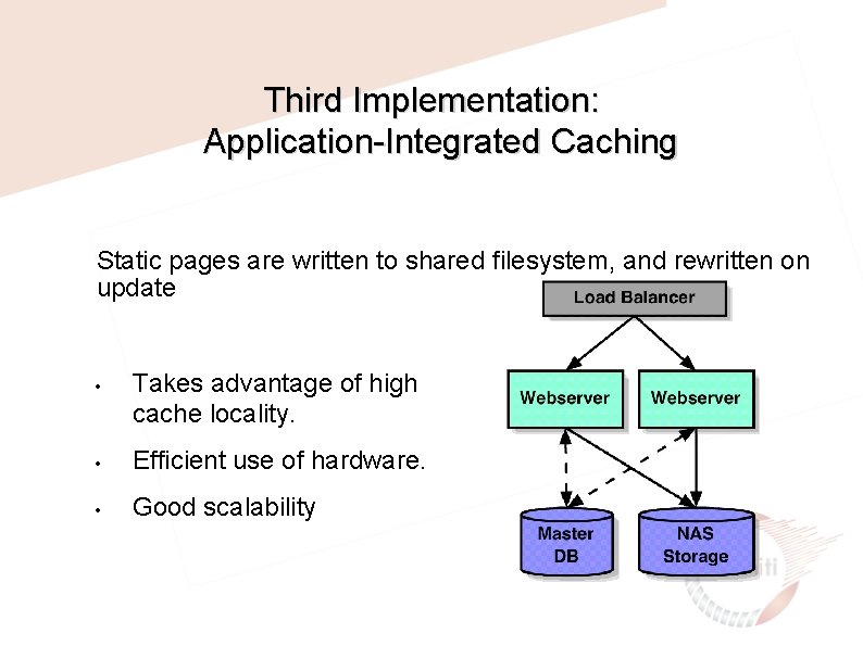 Third Implementation: Application-Integrated Caching Static pages are written to shared filesystem, and rewritten on