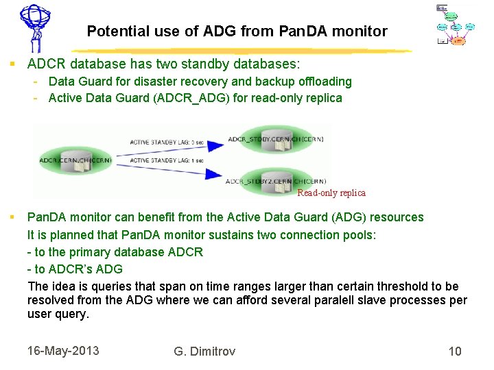 Potential use of ADG from Pan. DA monitor ADCR database has two standby databases: