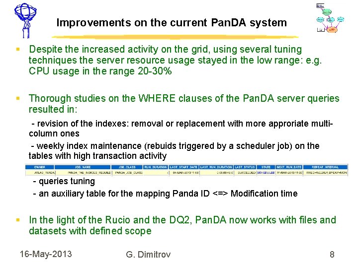 Improvements on the current Pan. DA system Despite the increased activity on the grid,