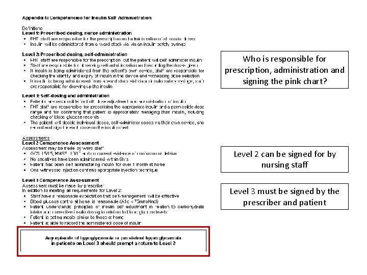 Who is responsible for prescription, administration and signing the pink chart? Level 2 can