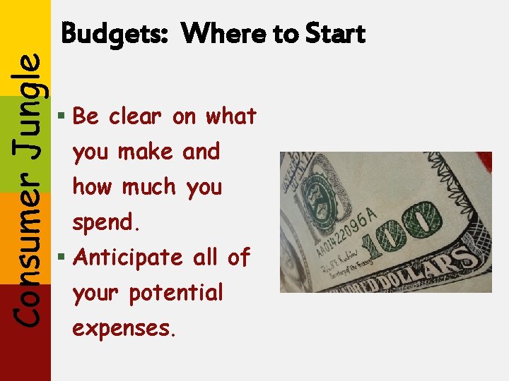 Consumer Jungle Budgets: Where to Start § Be clear on what you make and