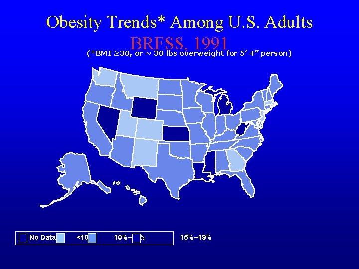 Obesity Trends* Among U. S. Adults BRFSS, 1991 (*BMI ≥ 30, or ~ 30