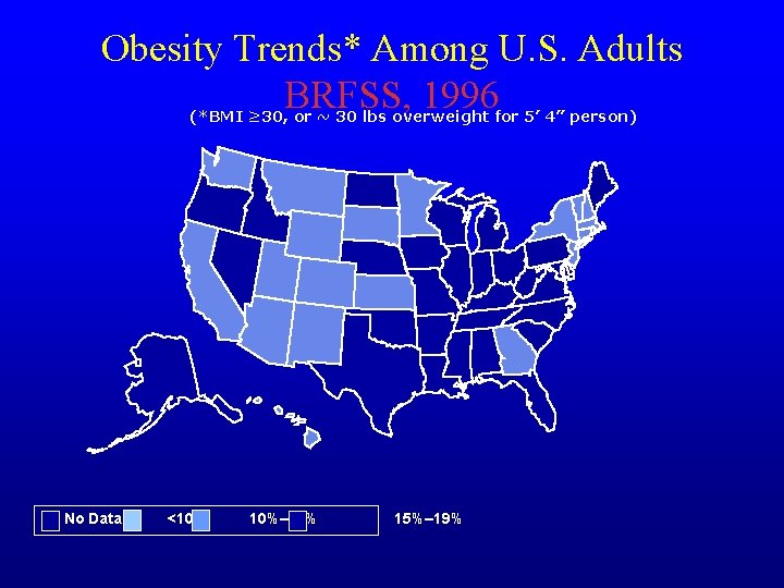 Obesity Trends* Among U. S. Adults BRFSS, 1996 (*BMI ≥ 30, or ~ 30