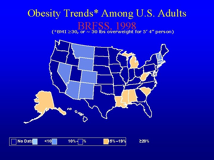 Obesity Trends* Among U. S. Adults BRFSS, 1998 (*BMI ≥ 30, or ~ 30