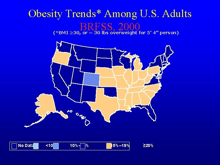 Obesity Trends* Among U. S. Adults BRFSS, 2000 (*BMI ≥ 30, or ~ 30