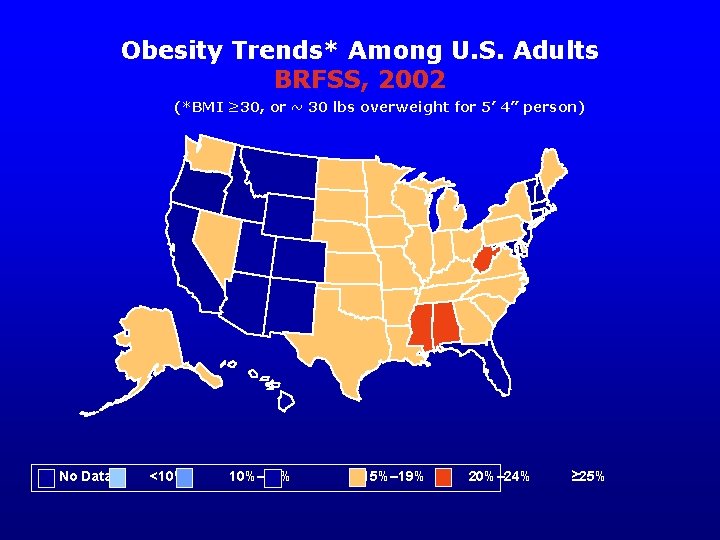 Obesity Trends* Among U. S. Adults BRFSS, 2002 (*BMI ≥ 30, or ~ 30