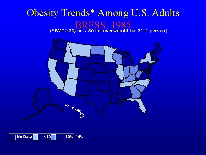 Obesity Trends* Among U. S. Adults BRFSS, 1985 (*BMI ≥ 30, or ~ 30