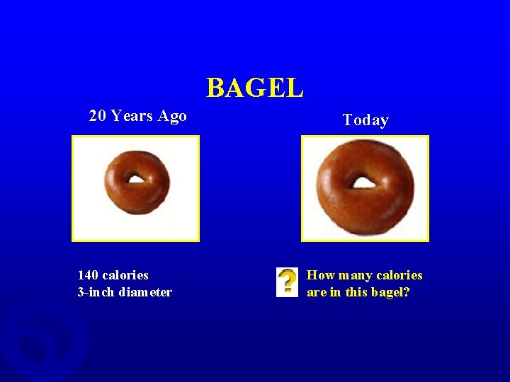 BAGEL 20 Years Ago 140 calories 3 -inch diameter Today How many calories are