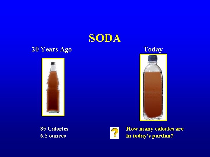 SODA 20 Years Ago 85 Calories 6. 5 ounces Today How many calories are