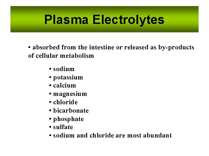 Plasma Electrolytes • absorbed from the intestine or released as by-products of cellular metabolism