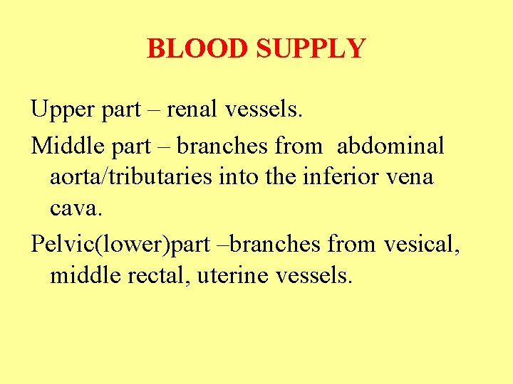 BLOOD SUPPLY Upper part – renal vessels. Middle part – branches from abdominal aorta/tributaries