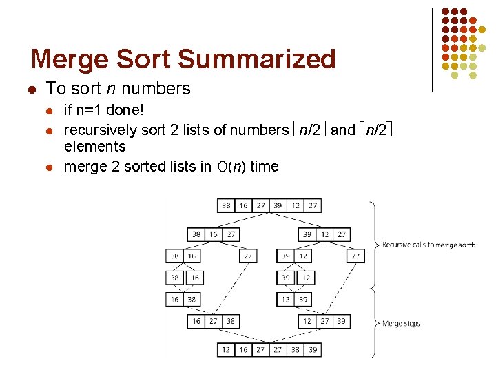 Merge Sort Summarized To sort n numbers if n=1 done! recursively sort 2 lists