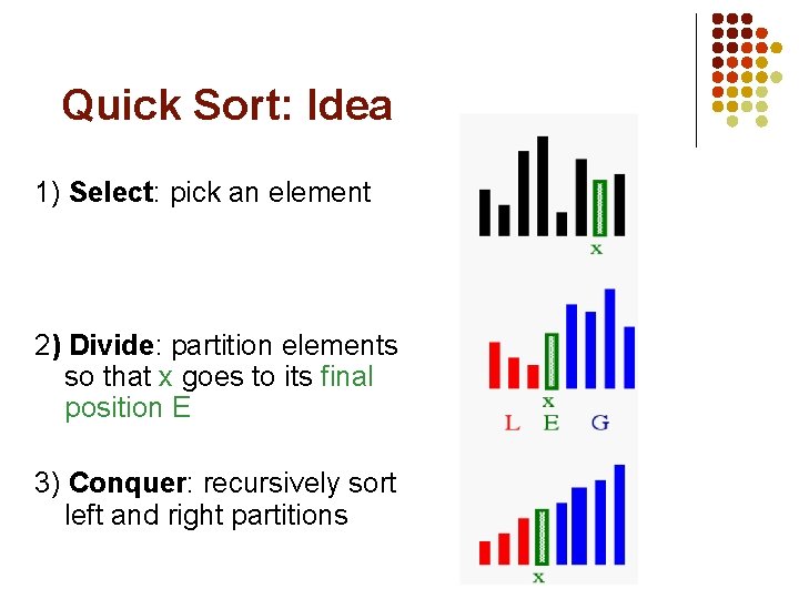 Quick Sort: Idea 1) Select: pick an element 2) Divide: partition elements so that