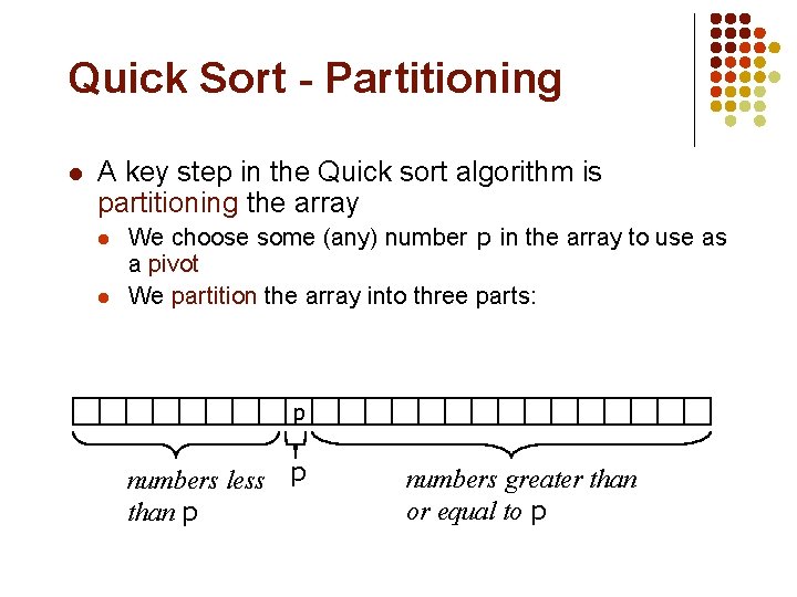 Quick Sort - Partitioning A key step in the Quick sort algorithm is partitioning