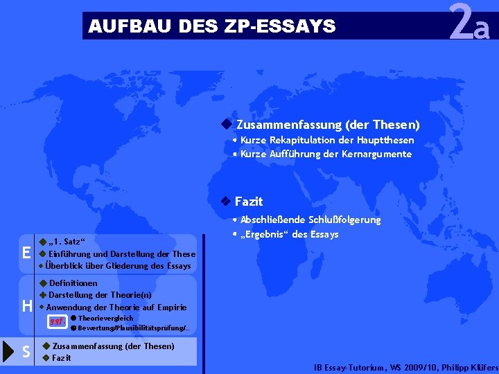AUFBAU DES ZP-ESSAYS 2 a Zusammenfassung (der Thesen) Kurze Rekapitulation der Hauptthesen Kurze Aufführung