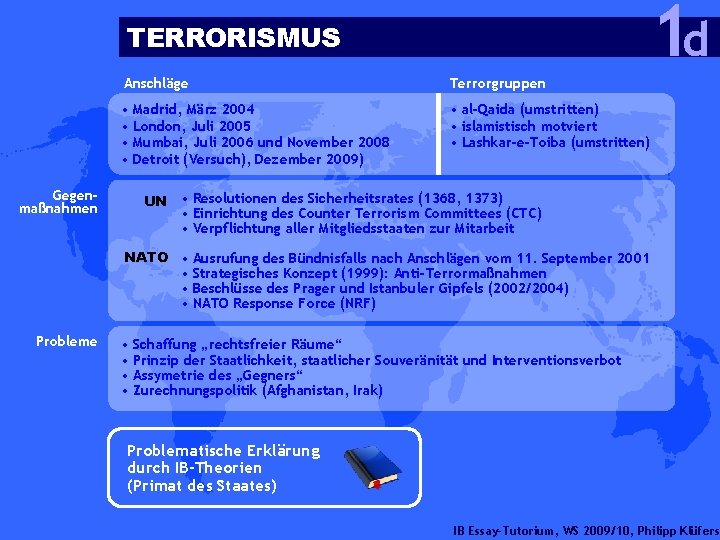 1 d TERRORISMUS Gegenmaßnahmen Anschläge Terrorgruppen • Madrid, März 2004 • London, Juli 2005