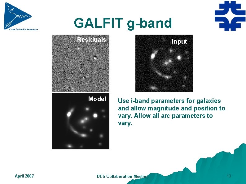 GALFIT g-band Residuals Model April 2007 Input Use i-band parameters for galaxies and allow