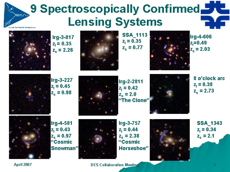 9 Spectroscopically Confirmed Lensing Systems April 2007 lrg-3 -817 zl = 0. 35 zs