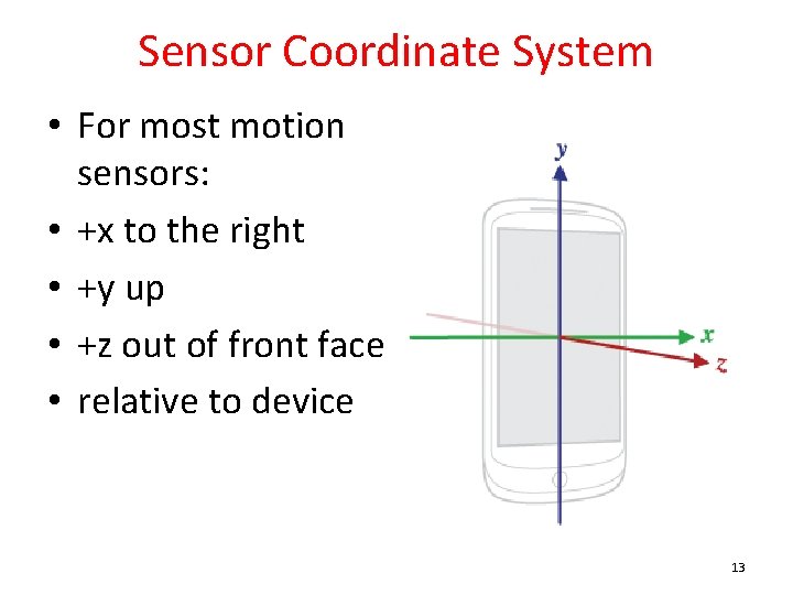 Sensor Coordinate System • For most motion sensors: • +x to the right •