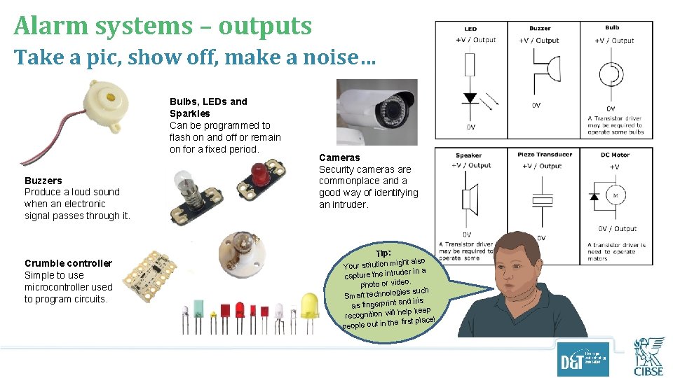 Alarm systems – outputs Take a pic, show off, make a noise… Bulbs, LEDs