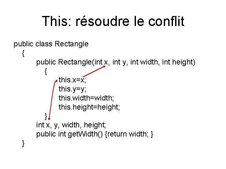 This: résoudre le conflit public class Rectangle { public Rectangle(int x, int y, int