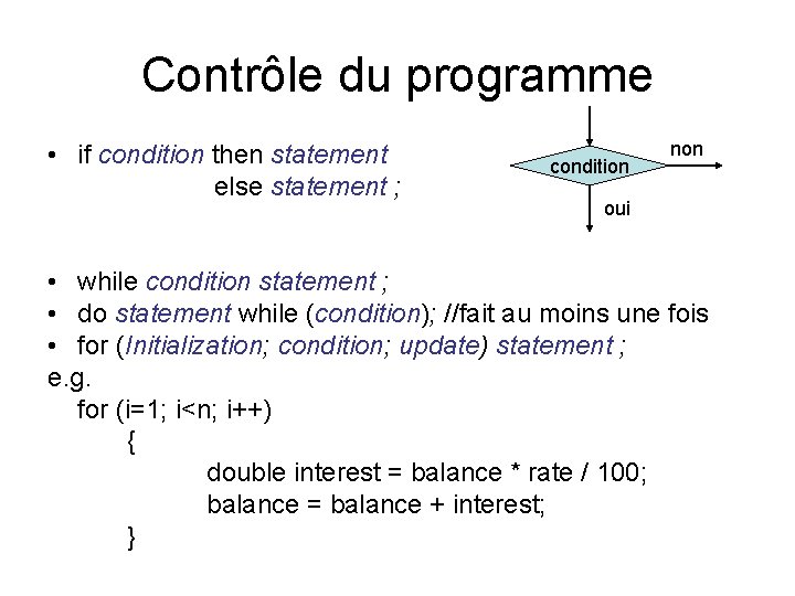Contrôle du programme • if condition then statement else statement ; condition non oui