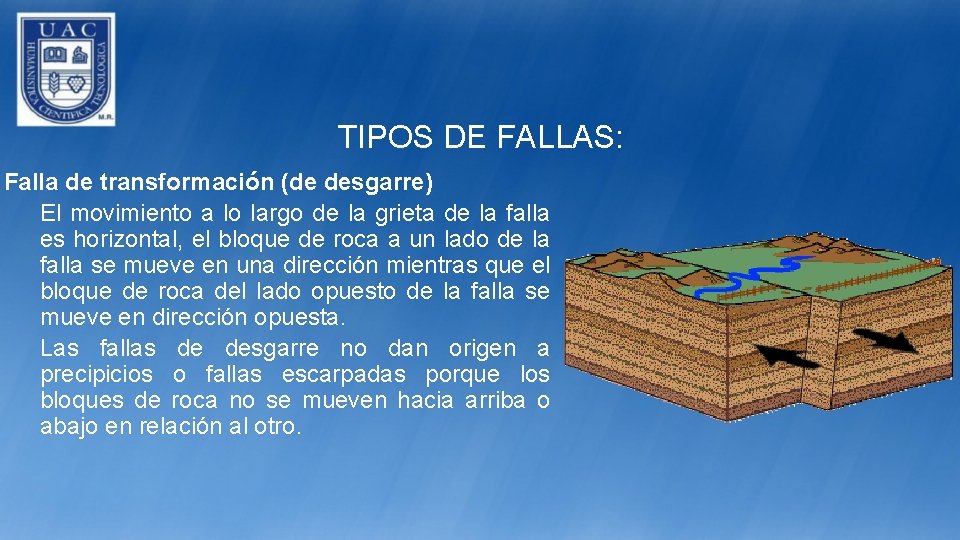 TIPOS DE FALLAS: Falla de transformación (de desgarre) El movimiento a lo largo de