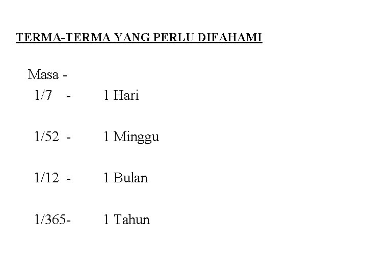 TERMA-TERMA YANG PERLU DIFAHAMI Masa - 1/7 - 1 Hari 1/52 - 1 Minggu