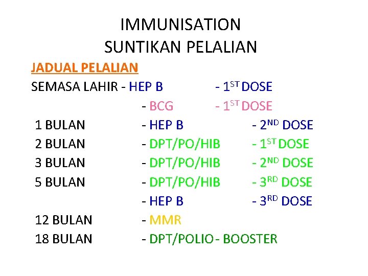 IMMUNISATION SUNTIKAN PELALIAN JADUAL PELALIAN SEMASA LAHIR - HEP B - 1 ST DOSE