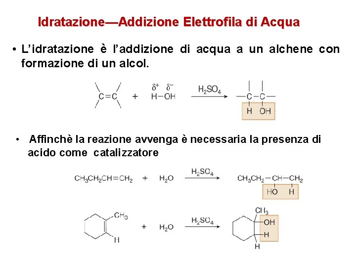 Idratazione—Addizione Elettrofila di Acqua • L’idratazione è l’addizione di acqua a un alchene con