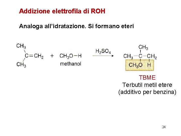 Addizione elettrofila di ROH Analoga all’idratazione. Si formano eteri TBME Terbutil metil etere (additivo