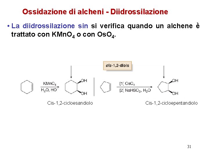 Ossidazione di alcheni - Diidrossilazione • La diidrossilazione sin si verifica quando un alchene