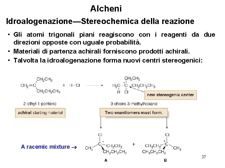 Alcheni Idroalogenazione—Stereochemica della reazione • Gli atomi trigonali piani reagiscono con i reagenti da