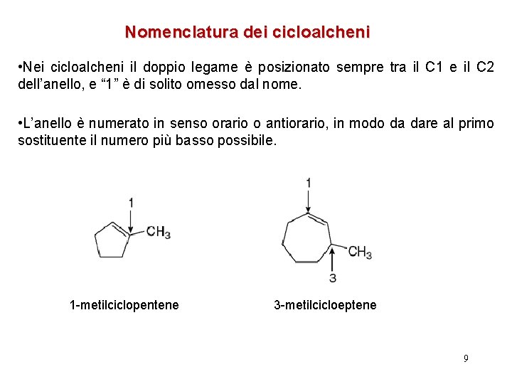 Nomenclatura dei cicloalcheni • Nei cicloalcheni il doppio legame è posizionato sempre tra il