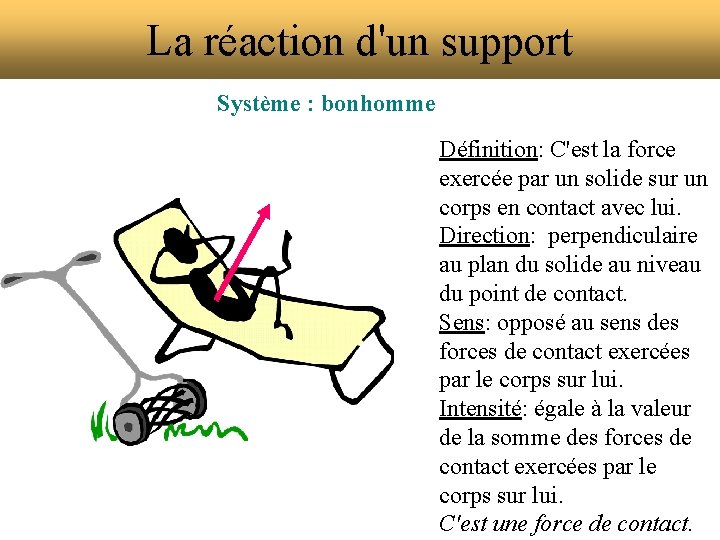 La réaction d'un support Système : bonhomme Définition: C'est la force exercée par un