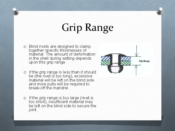 Grip Range O Blind rivets are designed to clamp together specific thicknesses of material.