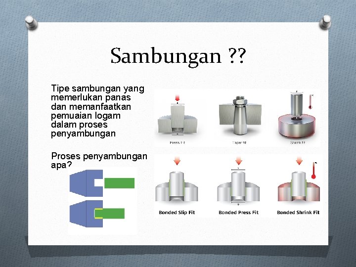 Sambungan ? ? Tipe sambungan yang memerlukan panas dan memanfaatkan pemuaian logam dalam proses