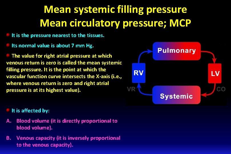 Mean systemic filling pressure Mean circulatory pressure; MCP It is the pressure nearest to