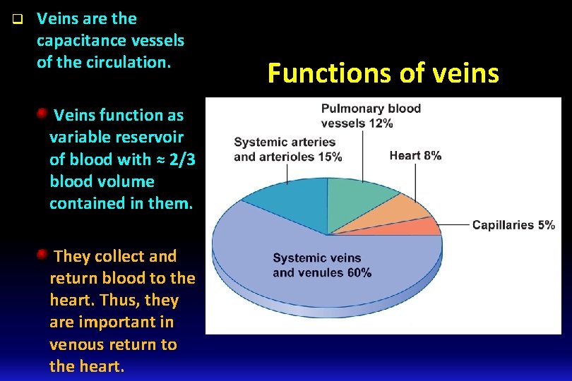 q Veins are the capacitance vessels of the circulation. Veins function as variable reservoir
