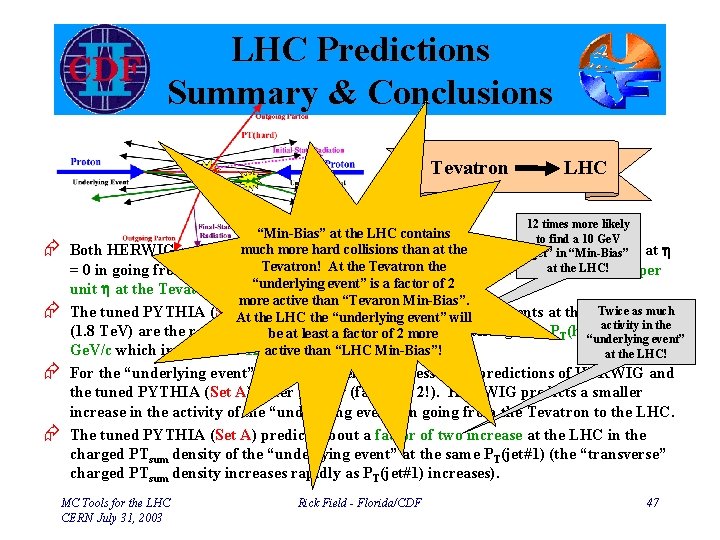 LHC Predictions Summary & Conclusions Tevatron LHC 12 times more likely Æ Æ “Min-Bias”