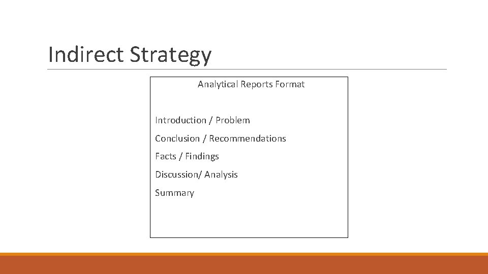 Indirect Strategy Analytical Reports Format Introduction / Problem Conclusion / Recommendations Facts / Findings