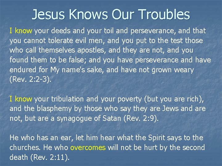 Jesus Knows Our Troubles I know your deeds and your toil and perseverance, and