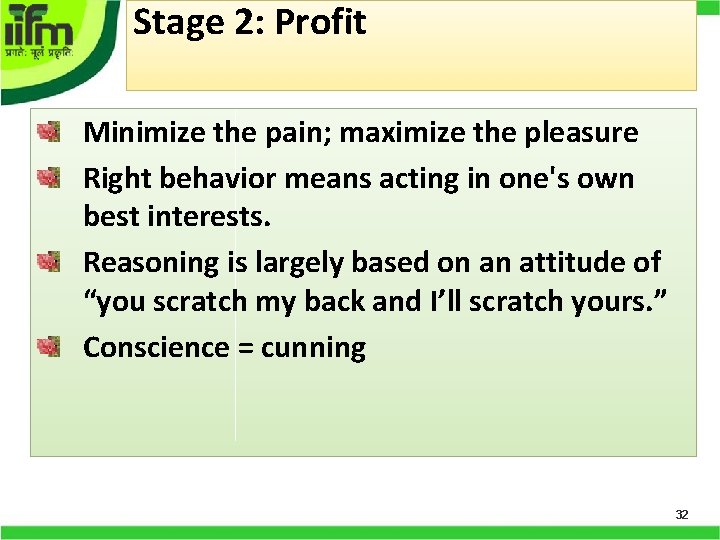 Stage 2: Profit Minimize the pain; maximize the pleasure Right behavior means acting in