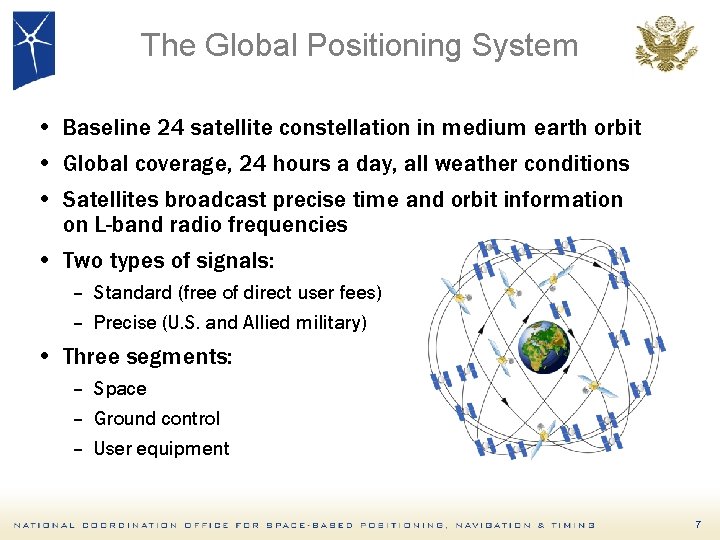 The Global Positioning System • Baseline 24 satellite constellation in medium earth orbit •