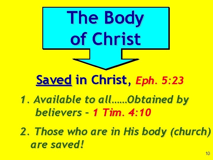 The Body of Christ Saved in Christ, Eph. 5: 23 1. Available to all……Obtained