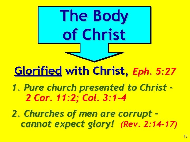 The Body of Christ Glorified with Christ, Eph. 5: 27 1. Pure church presented
