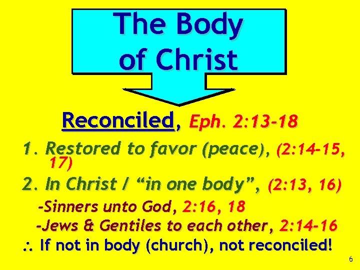 The Body of Christ Reconciled, Eph. 2: 13 -18 1. Restored to favor (peace),