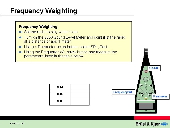 Frequency Weighting l Set the radio to play white noise l Turn on the
