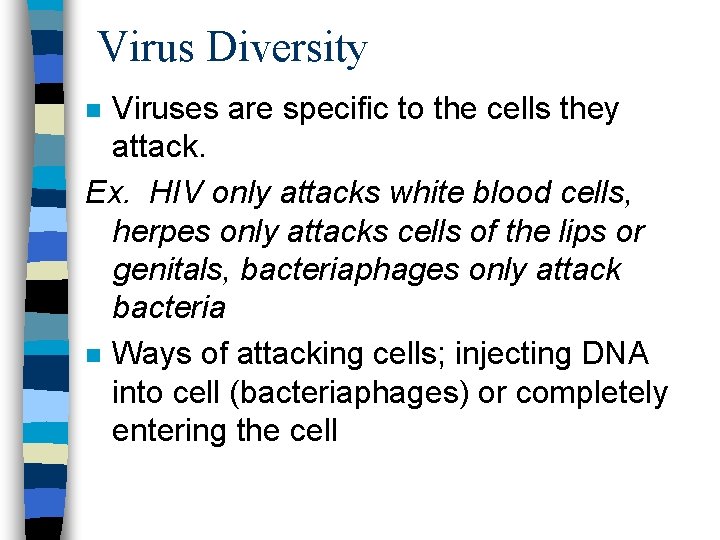 Virus Diversity Viruses are specific to the cells they attack. Ex. HIV only attacks